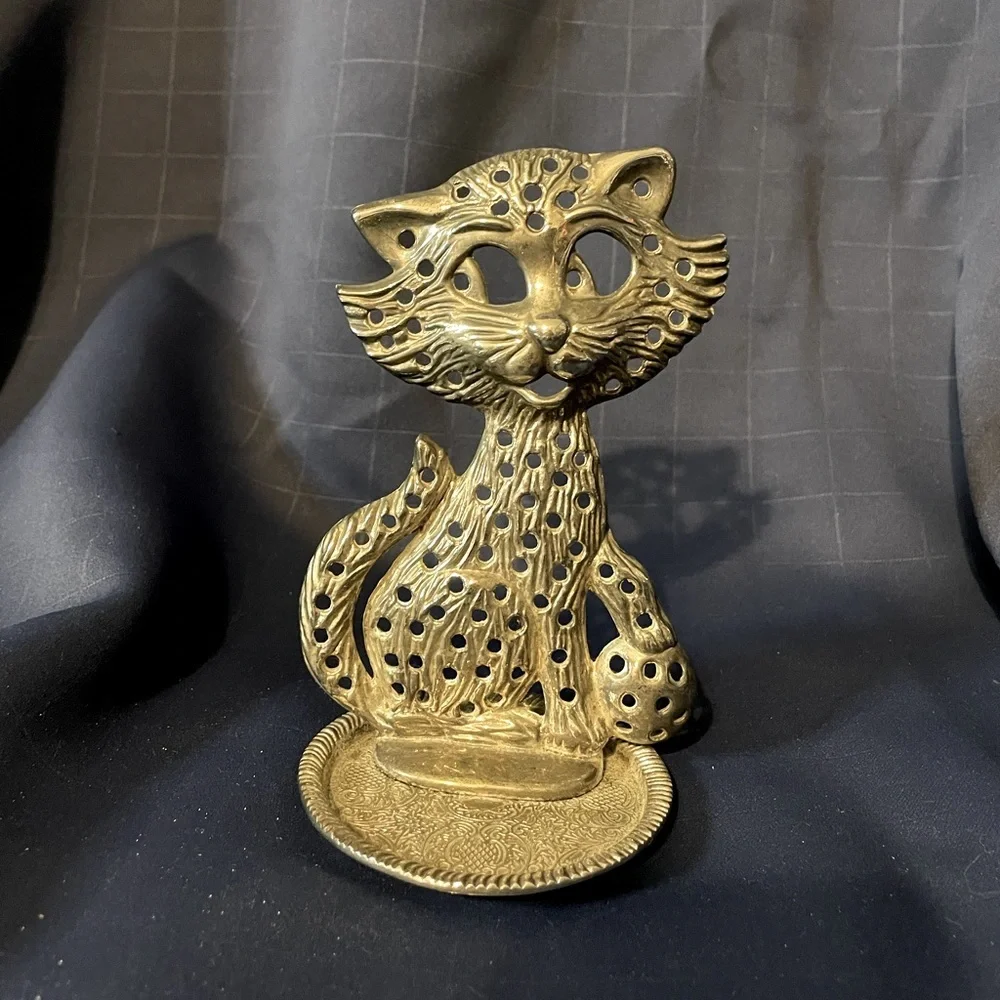 VTG silver-tone metal cat earring holder / dish 1970s cute overload! Torino